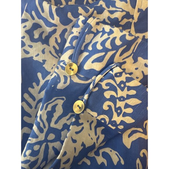 ZARA Large Blue & White Floral Belted Button-Down Midi Dress L Linen Blend Moroc - Picture 14 of 16